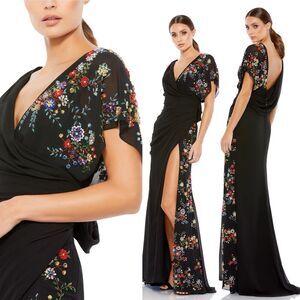 $798 Mac Duggal Size 2 Faux Wrap Multi Colored Beaded Floral Gown Black